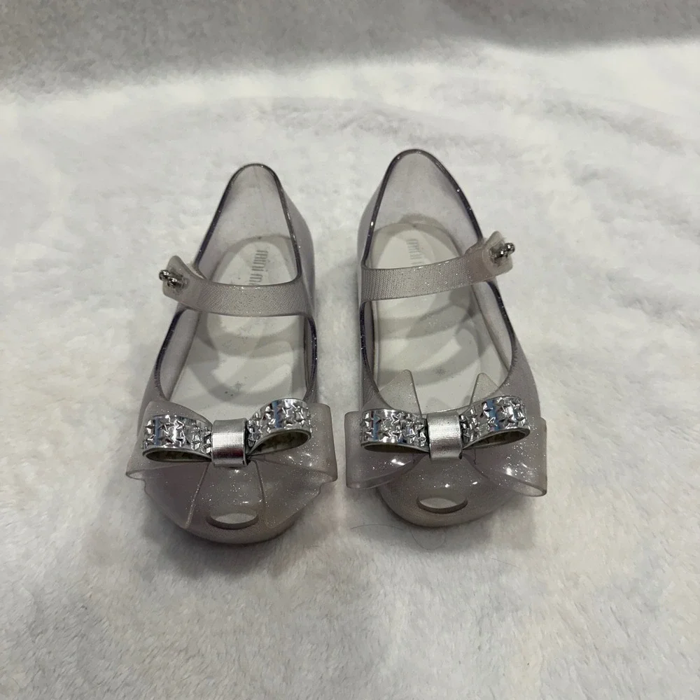 Mini Melissa‎ Glitter Bow Jelly Mary Jane Flats Size 7 Toddler Kids Silver Shoes